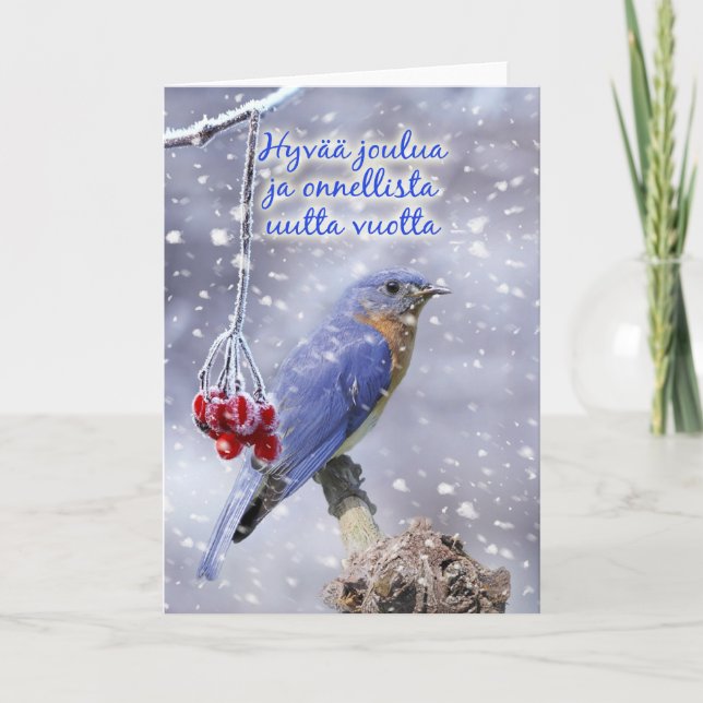 Finnish - Blue Bird Christmas Greeting Card (Front)