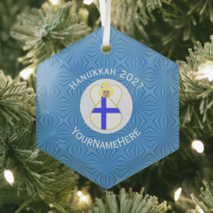 Finnish Flag Hanukkah Angel Name Year Hexagon Glass Tree Decoration