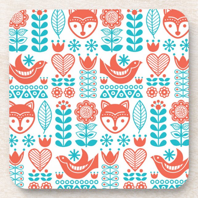 Finnish Fox & Bird Folk Art Pattern Coaster (Front)