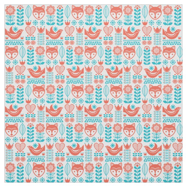 Finnish Fox & Bird Folk Art Pattern Fabric (Swatch)