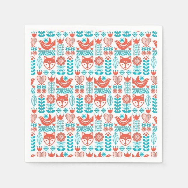Finnish Fox & Bird Folk Art Pattern Napkin (Front)