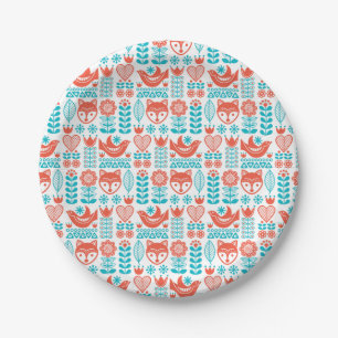 Finnish Fox & Bird Folk Art Pattern Paper Plate