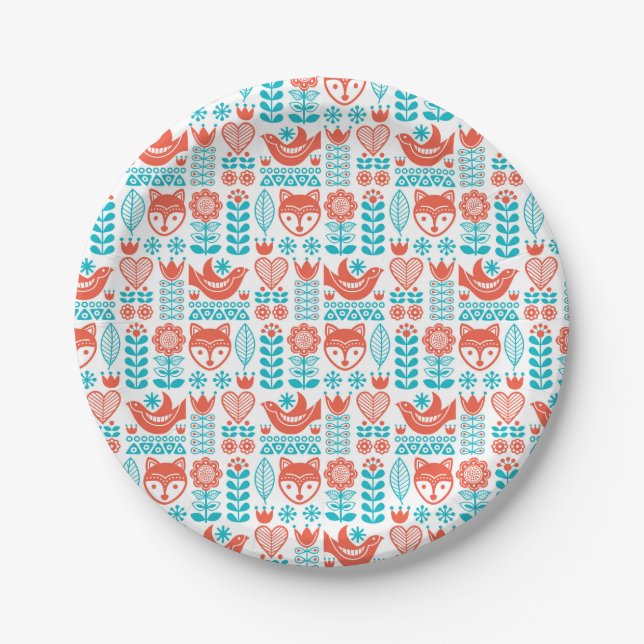 Finnish Fox & Bird Folk Art Pattern Paper Plate (Front)