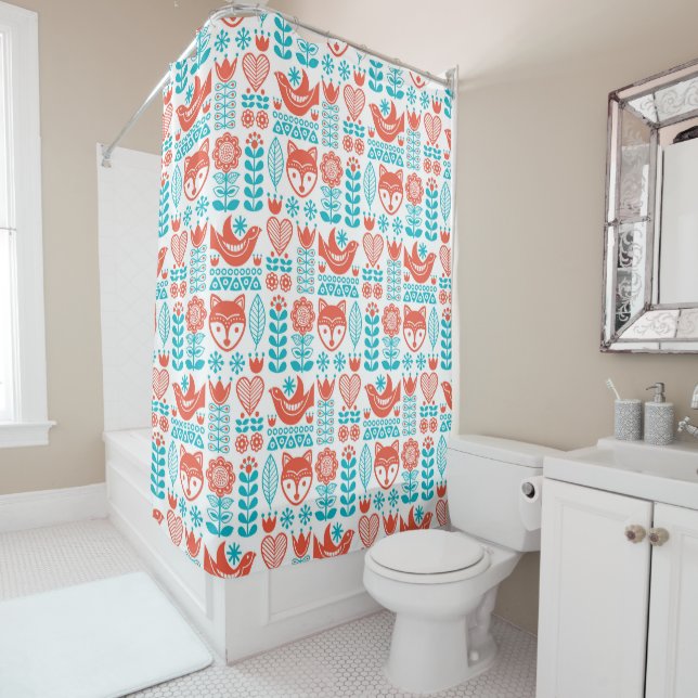 Finnish Fox & Bird Folk Art Pattern Shower Curtain (In Situ)