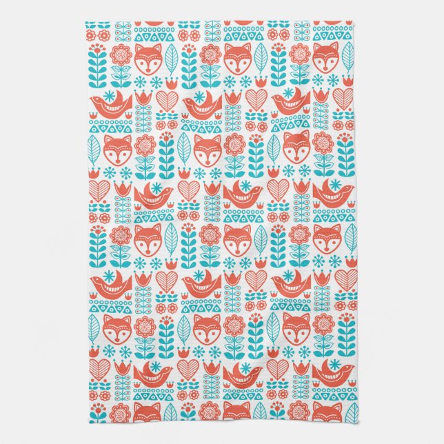 Finnish Fox & Bird Folk Art Pattern Tea Towel (Vertical)