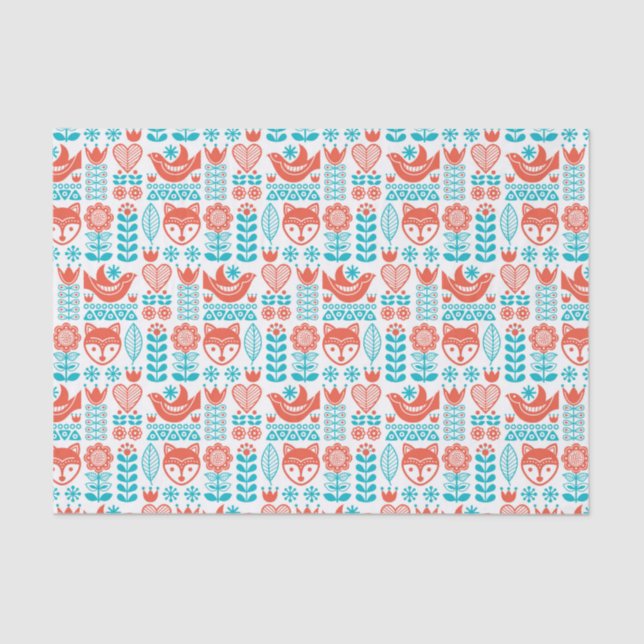 Finnish Fox & Bird Folk Art Pattern Tissue Paper (Front)
