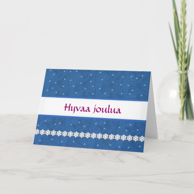 FINNISH Hyvaa joulua Snowflakes BLUE  Background Holiday Card (Front)