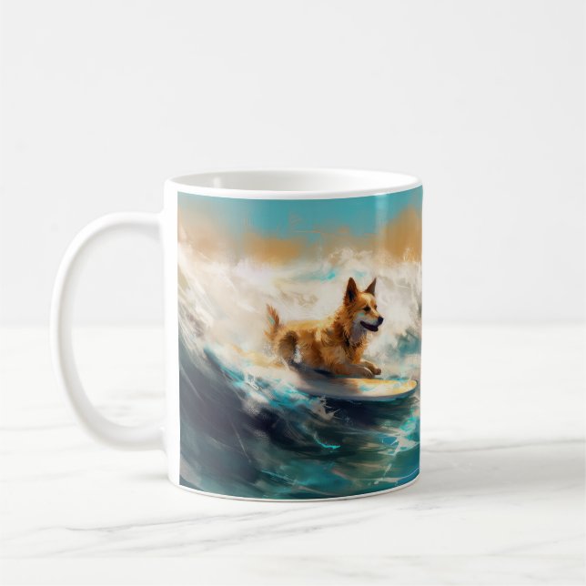 Finnish Lapphund Beach Surfing Painting Coffee Mug (Left)