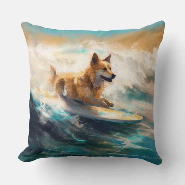 Finnish Lapphund Beach Surfing Painting Cushion (Front)