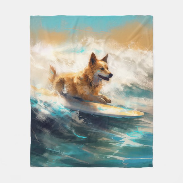 Finnish Lapphund Beach Surfing Painting Fleece Blanket (Front)