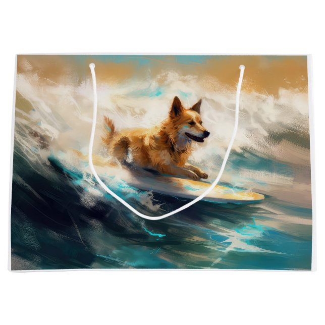 Finnish Lapphund Beach Surfing Painting Large Gift Bag (Front)