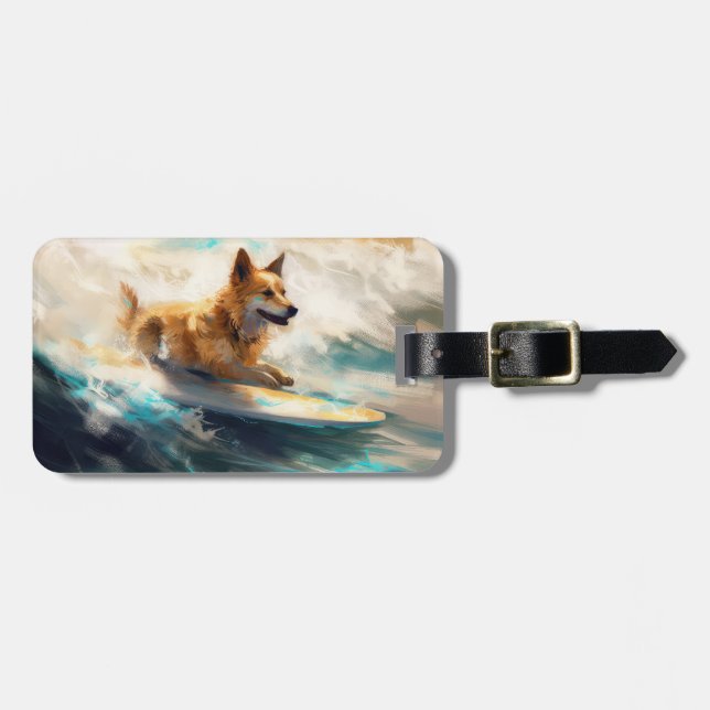 Finnish Lapphund Beach Surfing Painting Luggage Tag (Front Horizontal)