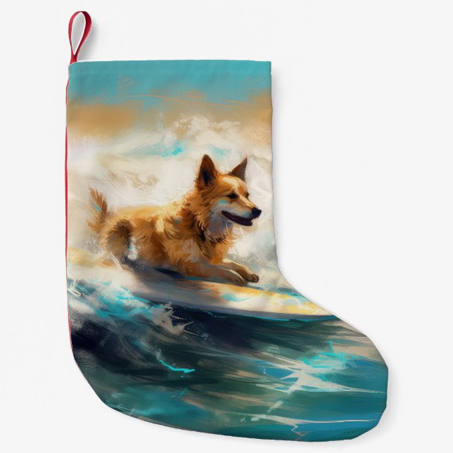Finnish Lapphund Beach Surfing Painting Small Christmas Stocking (Front)