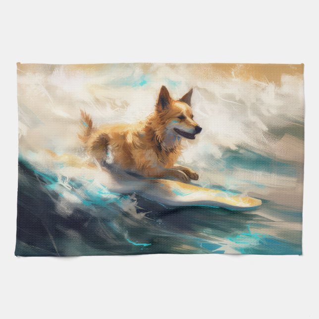 Finnish Lapphund Beach Surfing Painting Tea Towel (Horizontal)