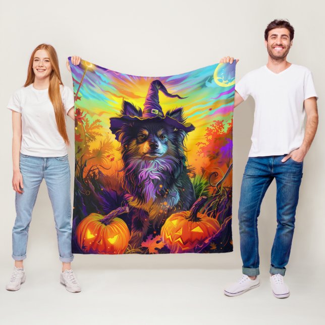 Finnish Lapphund Dog Halloween Witch And Pumpkin Fleece Blanket (In Situ)