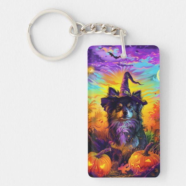 Finnish Lapphund Dog Halloween Witch And Pumpkin Key Ring (Front)