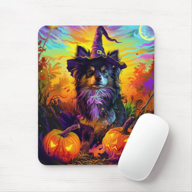 Finnish Lapphund Dog Halloween Witch And Pumpkin Mouse Pad (With Mouse)