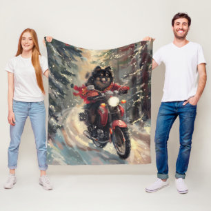 Finnish Lapphund Dog Riding Motorcycle Christmas  Fleece Blanket