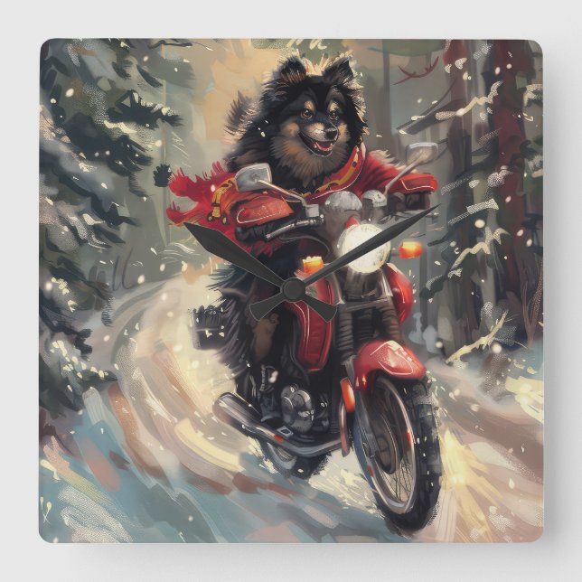Finnish Lapphund Dog Riding Motorcycle Christmas  Square Wall Clock (Front)