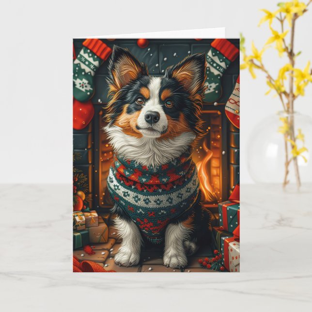 Finnish Lapphund Dog With Christmas Gift Fireplace Card (Yellow Flower)