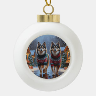 Finnish Lapphund Dogs Christmas Snow Holiday Ceramic Ball Christmas Ornament