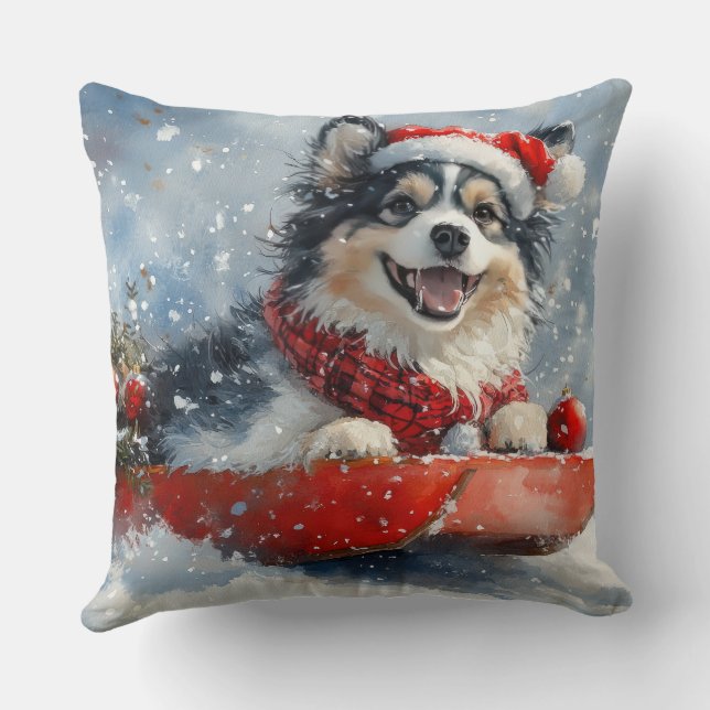 Finnish Lapphund in Sledge Let it Snow Christmas Cushion (Back)