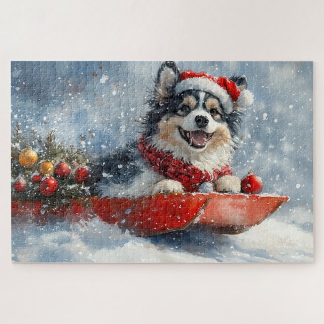 Finnish Lapphund in Sledge Let it Snow Christmas Jigsaw Puzzle (Horizontal)