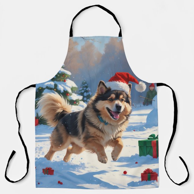 Finnish Lapphund Running Snow with Christmas Hat Apron (Front)