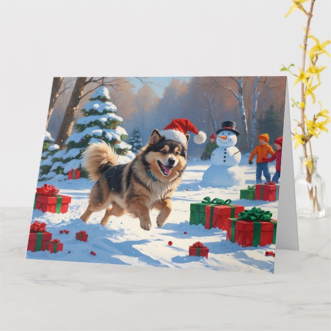 Finnish Lapphund Running Snow with Christmas Hat Card (Yellow Flower)
