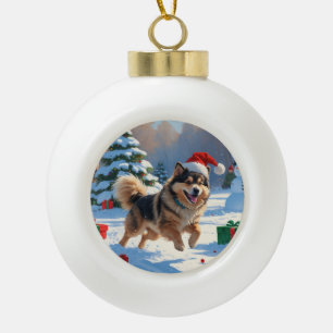 Finnish Lapphund Running Snow with Christmas Hat Ceramic Ball Christmas Ornament