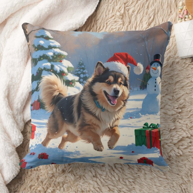 Finnish Lapphund Running Snow with Christmas Hat Cushion (Blanket)