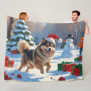 Finnish Lapphund Running Snow with Christmas Hat Fleece Blanket