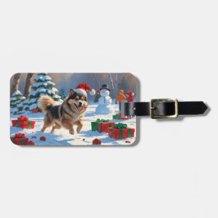 Finnish Lapphund Running Snow with Christmas Hat Luggage Tag