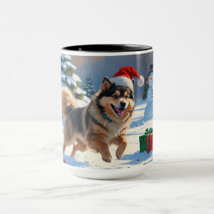 Finnish Lapphund Running Snow with Christmas Hat Mug