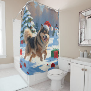 Finnish Lapphund Running Snow with Christmas Hat Shower Curtain