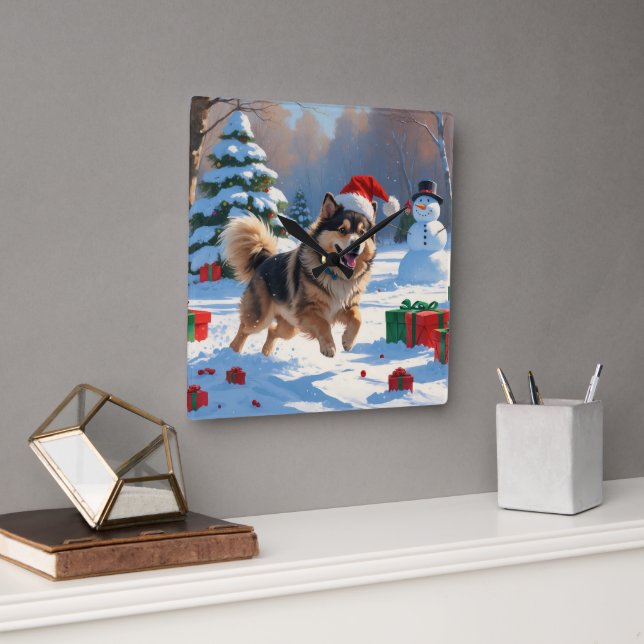 Finnish Lapphund Running Snow with Christmas Hat Square Wall Clock (Office)