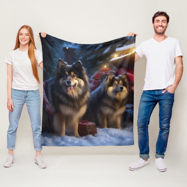 Finnish Lapphund Snowy Sleigh Christmas Decor  Fleece Blanket (In Situ)