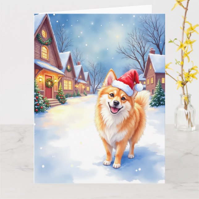 Finnish Lapphund Snowy Village Santa Hat Christmas Card (Yellow Flower)