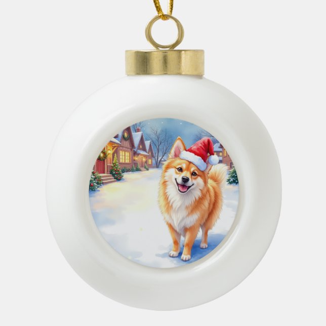 Finnish Lapphund Snowy Village Santa Hat Christmas Ceramic Ball Christmas Ornament (Front)
