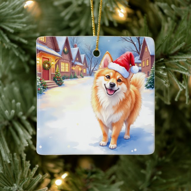 Finnish Lapphund Snowy Village Santa Hat Christmas Ceramic Ornament (Tree)