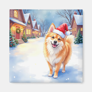Finnish Lapphund Snowy Village Santa Hat Christmas Magnet