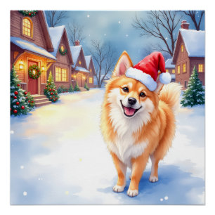 Finnish Lapphund Snowy Village Santa Hat Christmas Poster