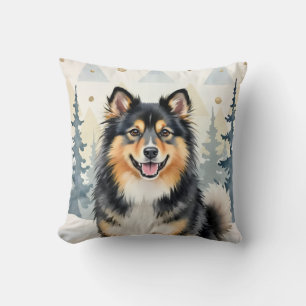 Finnish Lapphund Watercolor Nordic Pattern Art Cushion