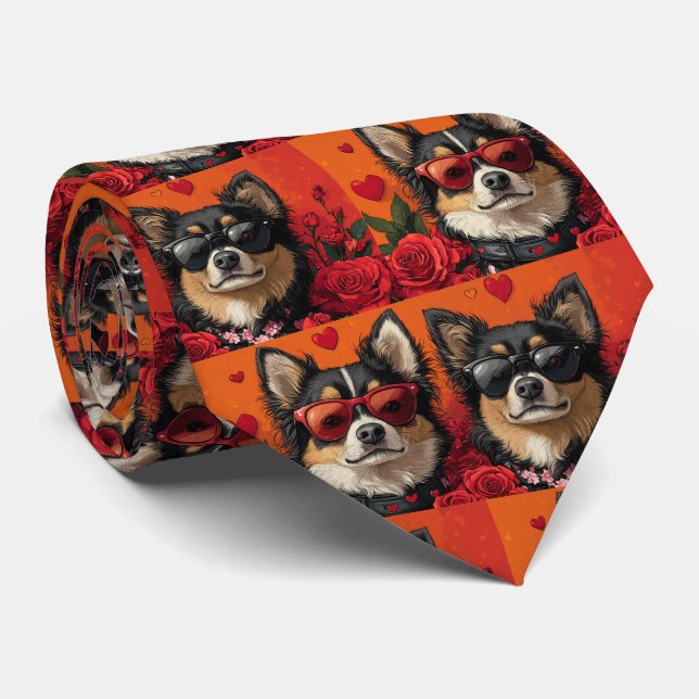 Finnish Lapphund With Heart Roses Valentine's Day Tie (Rolled)