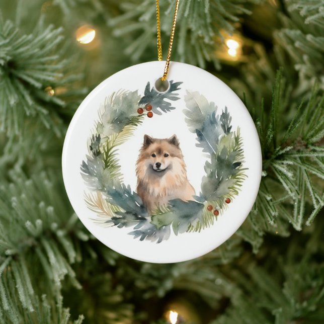 Finnish lappund Christmas Wreath Festive Pup Ceramic Ornament (Tree)