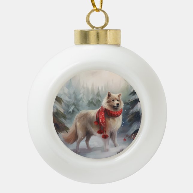 Finnish Lappund Dog in Snow Christmas  Ceramic Ball Christmas Ornament (Front)