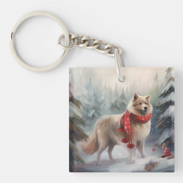 Finnish Lappund Dog in Snow Christmas  Key Ring (Front)
