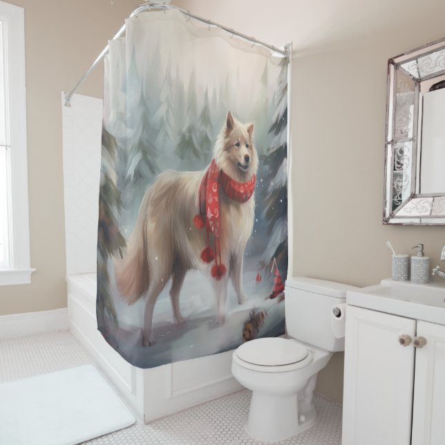 Finnish Lappund Dog in Snow Christmas  Shower Curtain (In Situ)