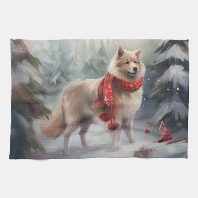 Finnish Lappund Dog in Snow Christmas  Tea Towel (Horizontal)