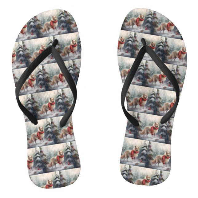 Finnish Lappund Dog in Snow Christmas  Thongs (Footbed)